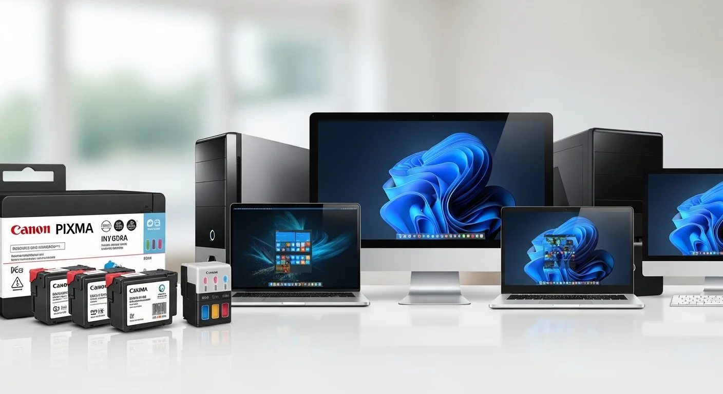 Una selección de cartuchos Canon PIXMA junto a modernas computadoras portátiles y de escritorio, simbolizando la esencial conexión entre hardware de impresión y tecnología informática.