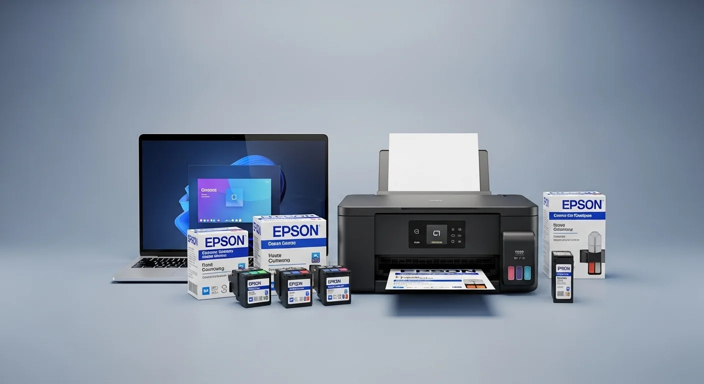 Variedad de cartuchos de tinta Epson junto a una computadora portátil y una impresora, simbolizando la conexión entre computadoras y tecnología de impresión.