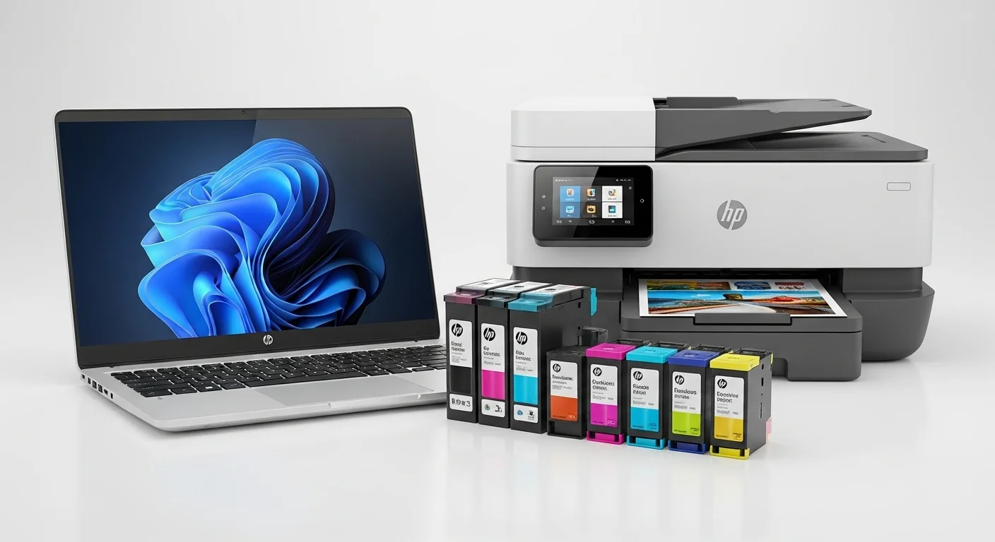 Una selección de cartuchos de tinta HP de diferentes colores junto a una laptop y una impresora HP, destacando la conexión entre computadoras y consumibles de impresión.
