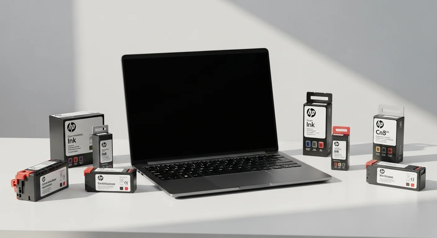 Varios cartuchos de impresora HP junto a una computadora portátil en un escritorio moderno, ilustrando la conexión entre computadoras y cartuchos precio.