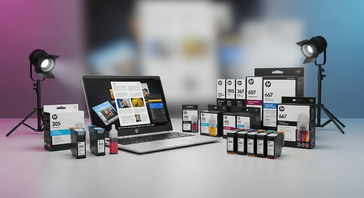 Varios cartuchos de tinta impresora HP color y negro, incluyendo los modelos 305 y 667, junto a una laptop HP, representando la conexión entre computadoras y consumibles de impresión.