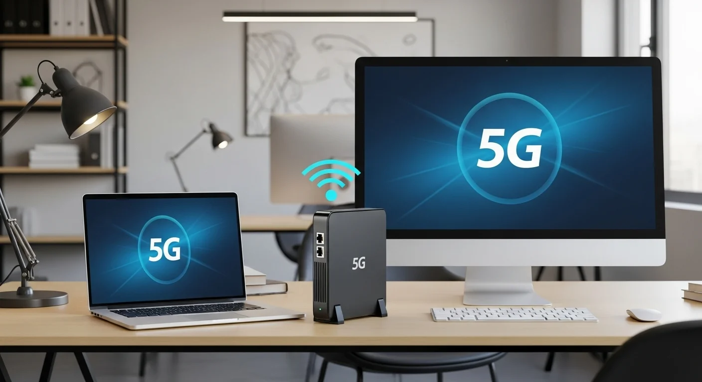 Un moderno modem para internet con chip 5G junto a una laptop y una computadora de escritorio en un entorno de oficina, mostrando conectividad inalámbrica.