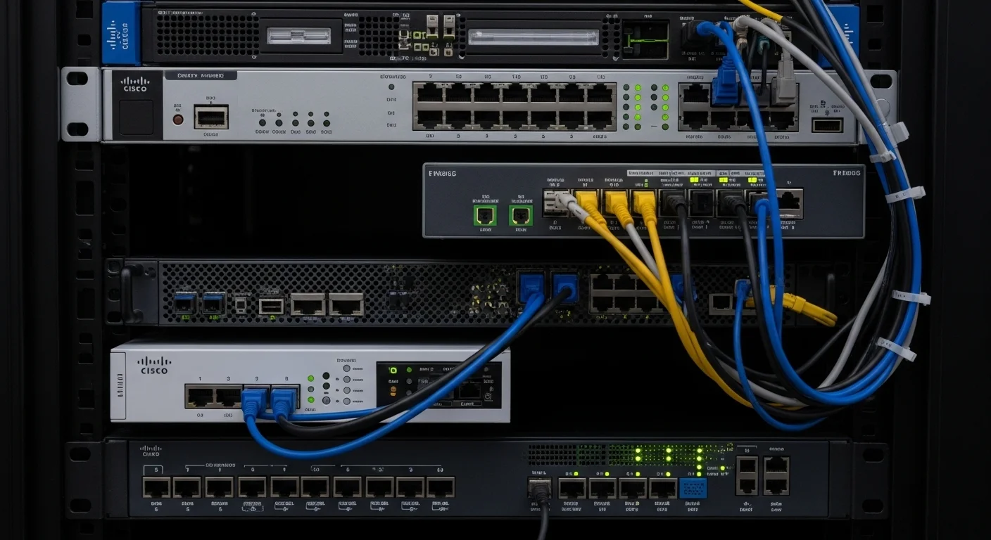 Varios dispositivos de red de Cisco, incluyendo routers y switches, conectados y funcionando en un bastidor de servidores, representando la conectividad de computadoras.