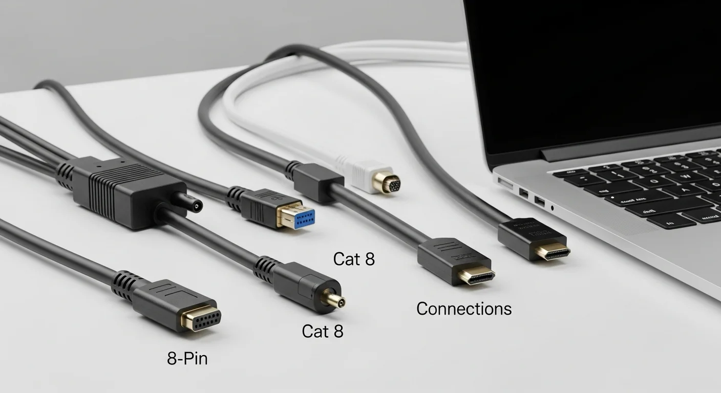 Colección de diferentes tipos de Cable 8, incluyendo un cable de alimentación tipo 8, un cable de red Cat 8 y un cable HDMI, sobre un escritorio junto a una laptop.