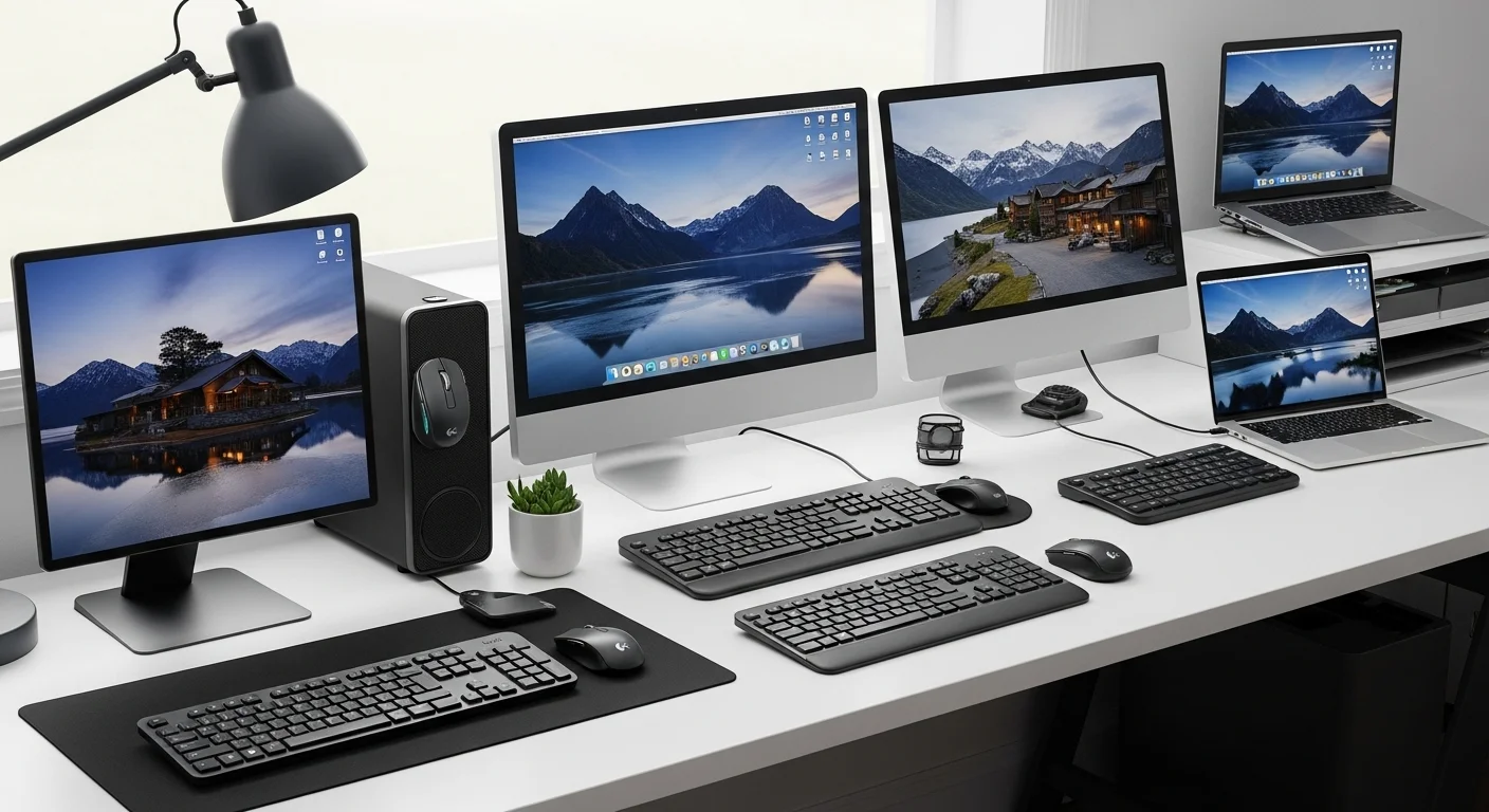 Una selección de combos Logitech Mk, incluyendo el MK850, MK470 y MK235, dispuestos sobre un escritorio moderno junto a varias computadoras y laptops, simbolizando la productividad y la tecnología.
