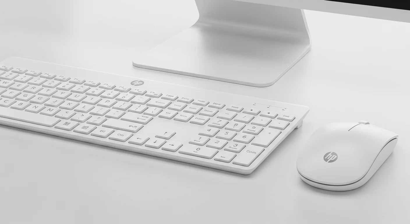 Combo de teclado y mouse HP inalámbrico en color blanco, destacando la sinergia de accesorios para computadoras de oficina.