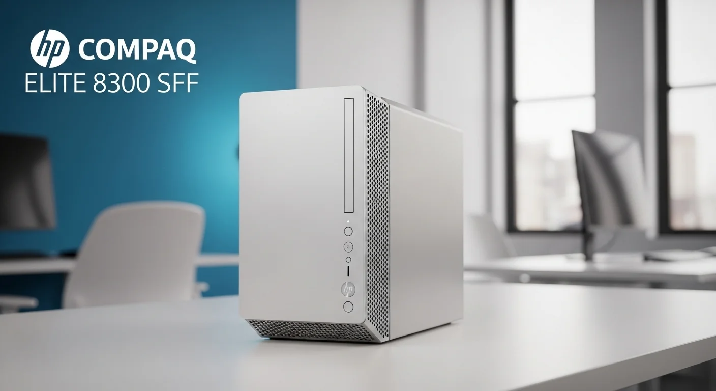 Una computadora de escritorio HP Compaq Elite 8300 SFF en un entorno de oficina moderno, mostrando su diseño compacto y profesional.