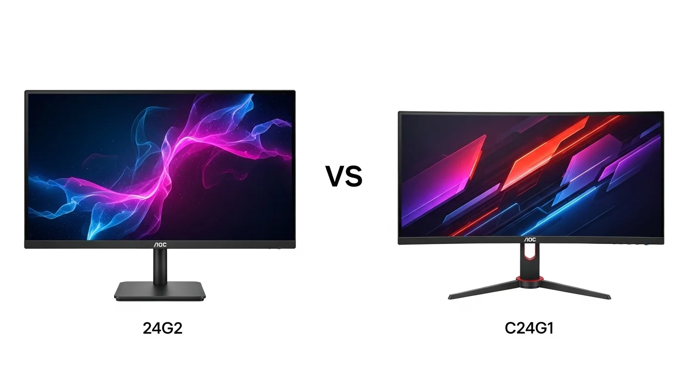 Comparativa lado a lado de los monitores para computadoras Aoc 24G2 plano y Aoc C24G1 curvo mostrando la diferencia en diseño.