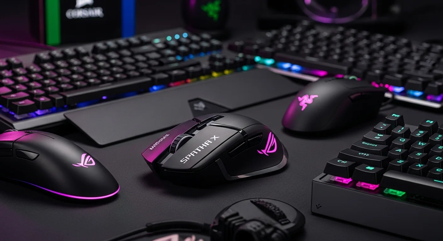 Imagen comparativa mostrando el ASUS ROG Spatha X junto a otros ratones gaming para computadoras de alto rendimiento