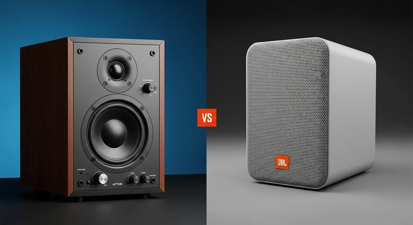 Comparación lado a lado de una bocina activa con sus controles visibles y una bocina pasiva JBL de diseño limpio y minimalista.