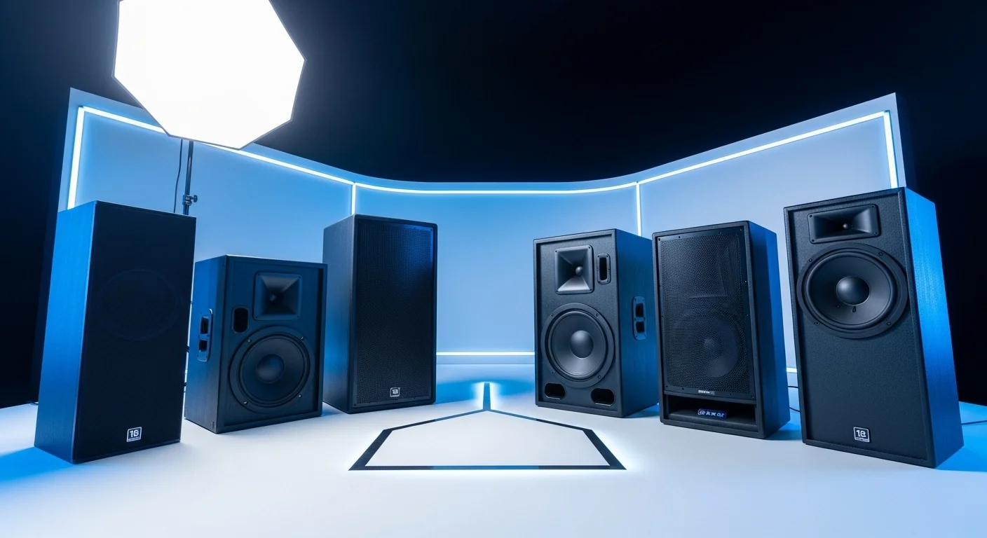 Varias bocinas amplificadas de 18 pulgadas mostradas en una comparativa de tecnología de audio.