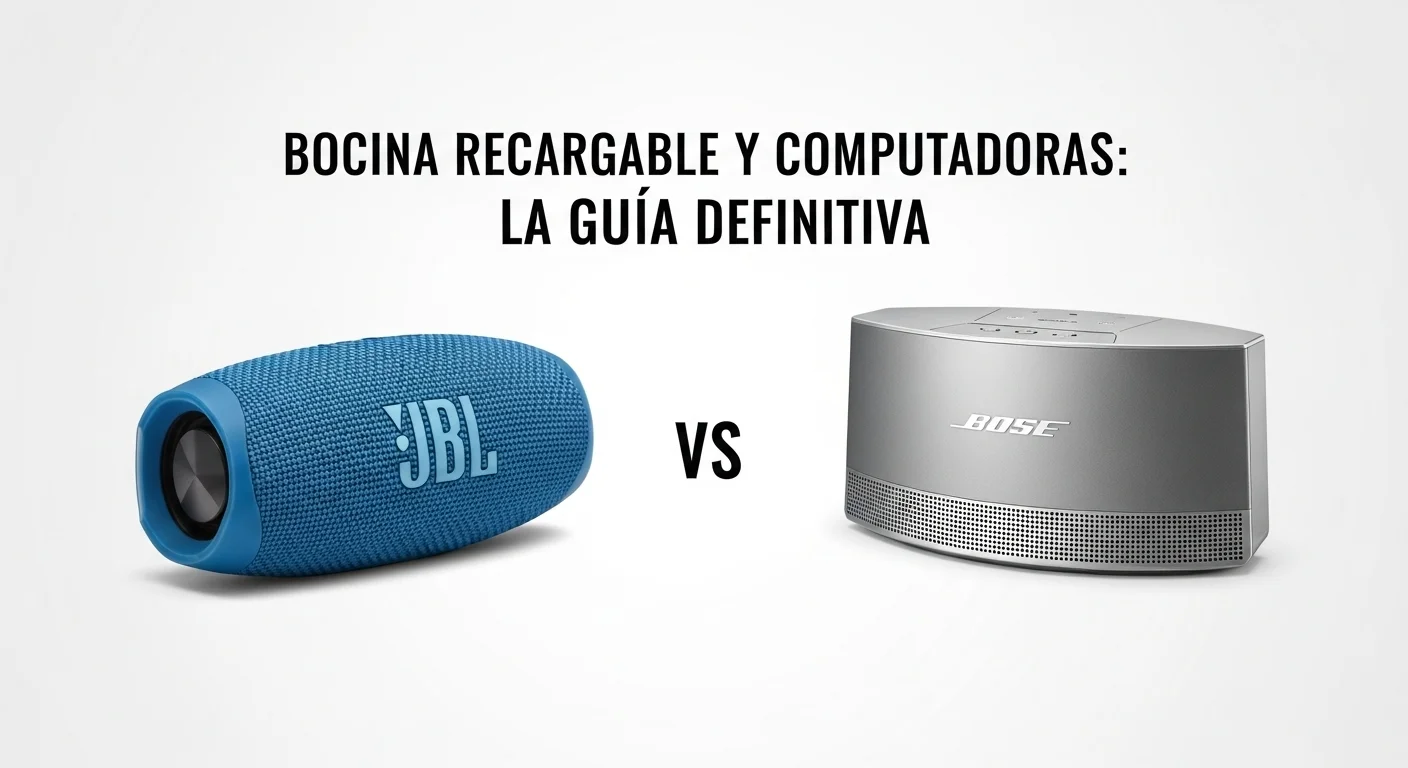 Una comparativa lado a lado de una bocina recargable JBL de color azul vibrante y una bocina Bose recargable de diseño plateado premium, simbolizando la elección entre diferentes estilos y marcas para complementar las computadoras.