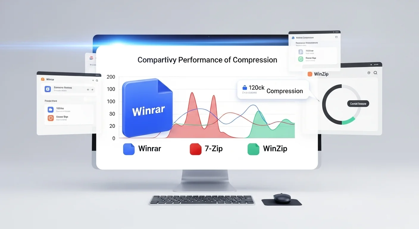 Gráfico comparativo del rendimiento de compresión en computadoras, mostrando a Winrar junto a herramientas como 7-Zip y WinZip.