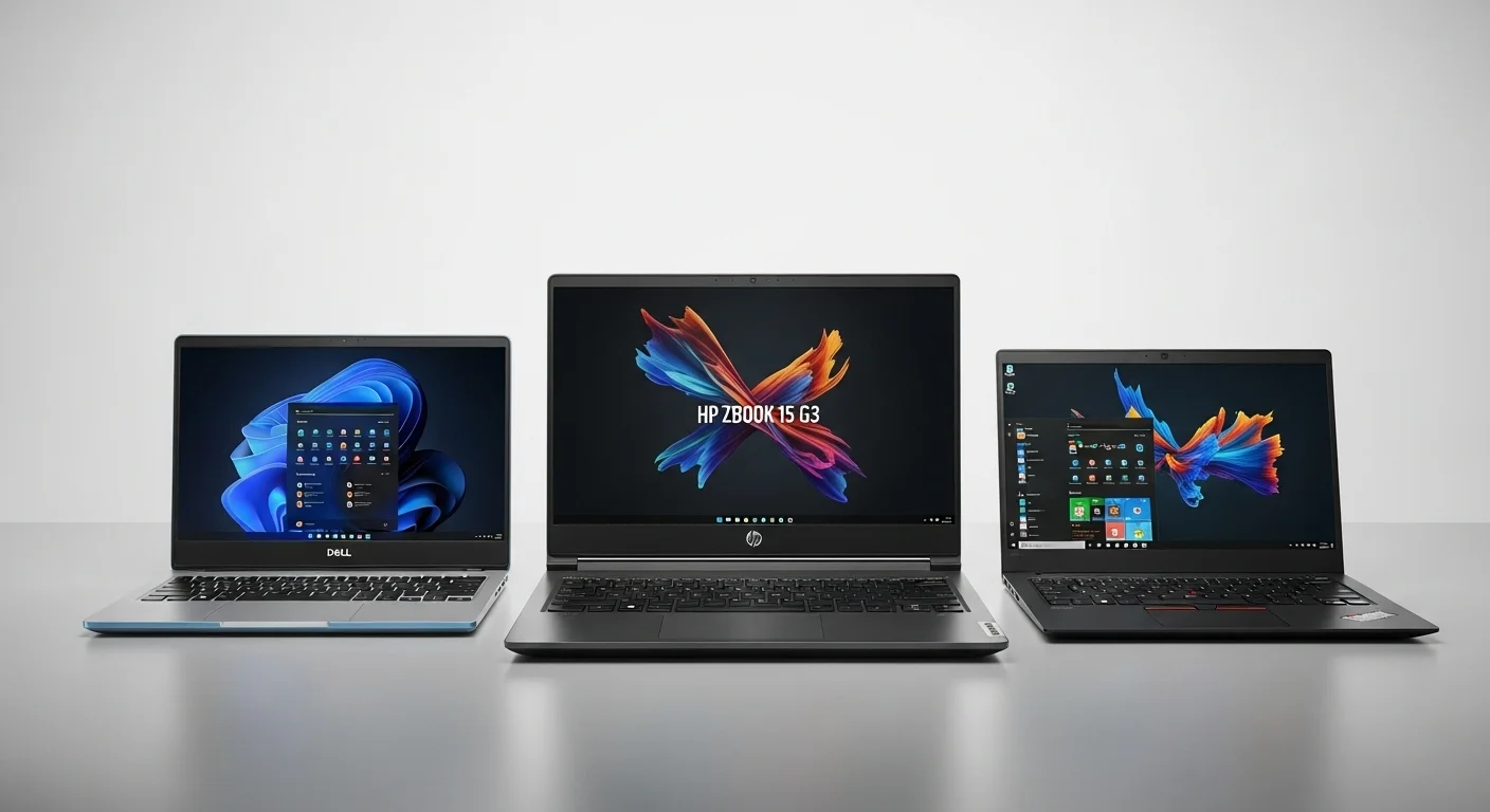 Una imagen comparativa mostrando lado a lado una laptop de gaming Dell G3 15, una estación de trabajo HP ZBook 15 G3 y una laptop de negocios Lenovo ThinkBook 15 G3.
