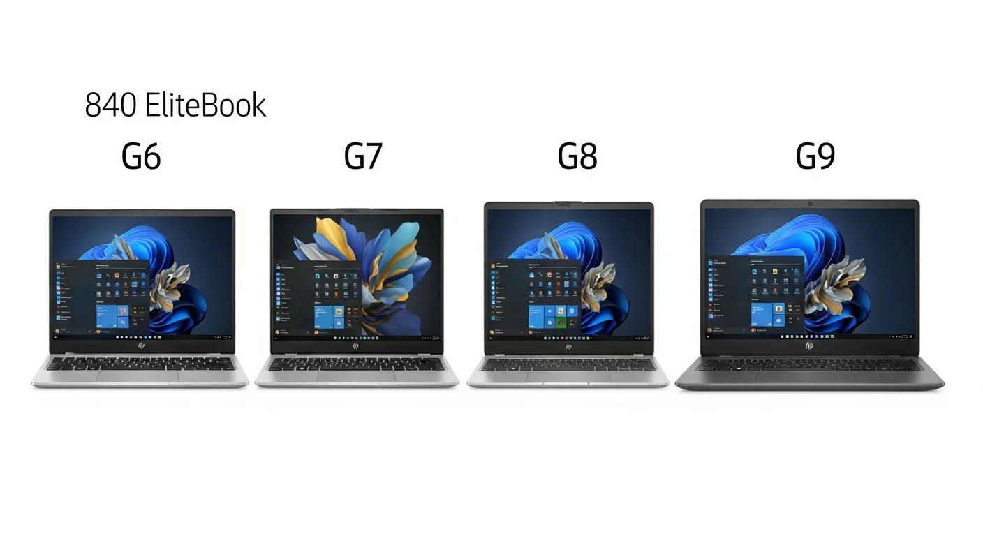 Una imagen comparativa que muestra lado a lado los modelos HP 840 G6, G7, G8 y G9, destacando la evolución del diseño, el grosor de los biseles y la estética general de las computadoras.