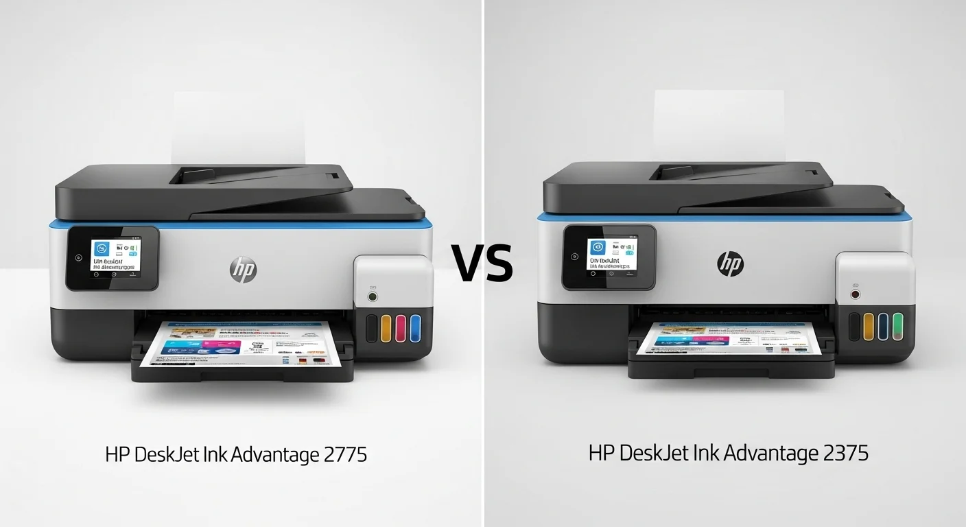 Imagen comparativa que muestra lado a lado la impresora multifuncional hp deskjet ink advantage 2775 y la 2375, destacando sus diseños.