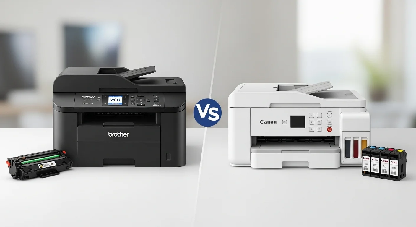 Comparativa lado a lado entre una impresora laser wifi Brother y una impresora de inyección de tinta Canon, mostrando las diferencias en diseño y sus respectivos consumibles.
