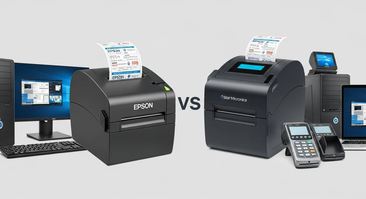 Comparativa lado a lado de una impresora de tickets Epson y una Star Micronics, mostrando la variedad de accesorios y computadoras compatibles.