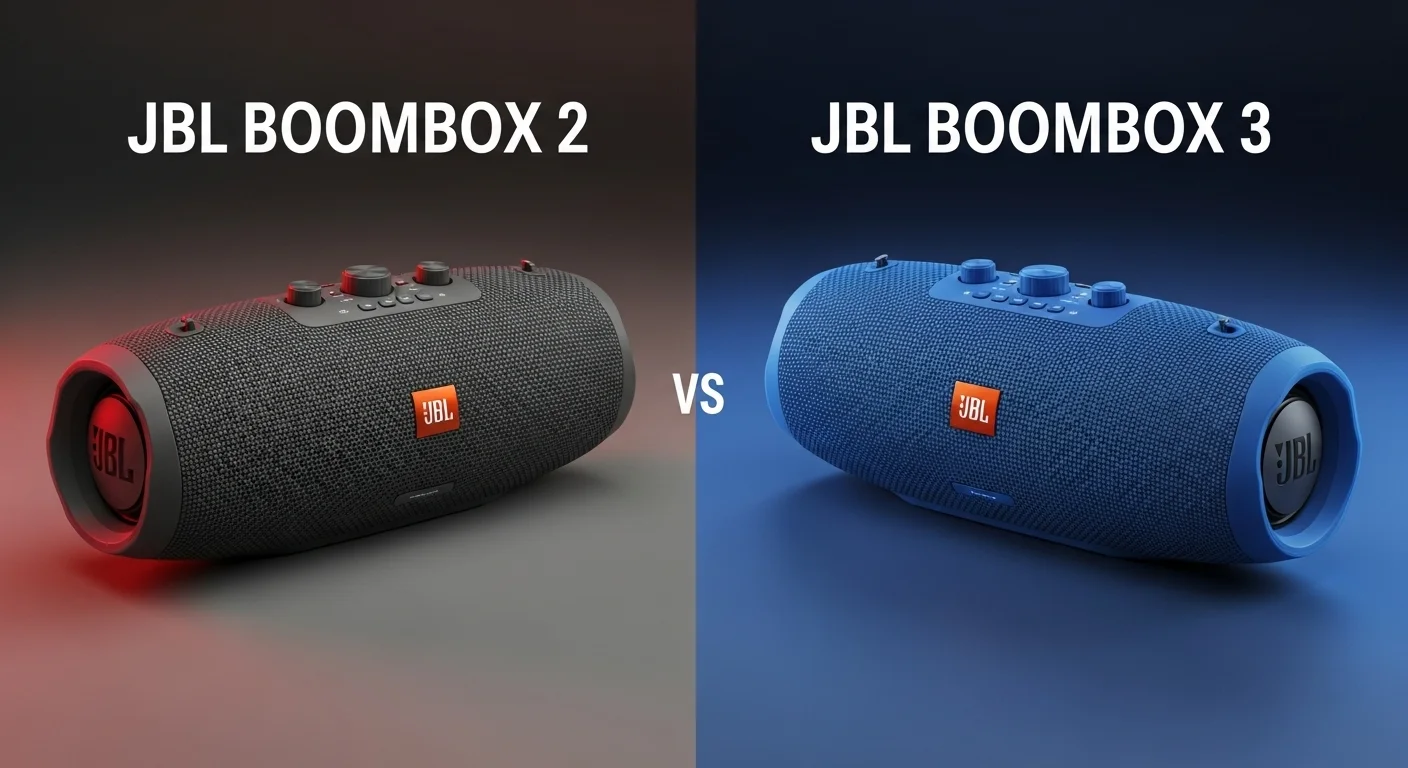 Comparativa lado a lado de la bocina JBL Boombox 2 y la JBL Boombox 3, destacando sus diferencias de diseño.