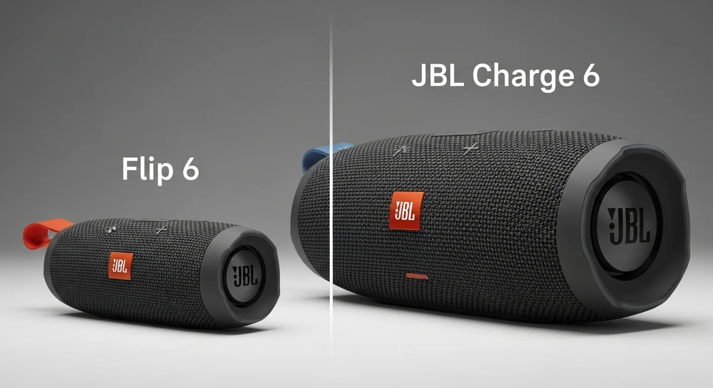 Imagen comparativa mostrando el tamaño del JBL Flip 6 junto a la bocina JBL Charge 6, destacando sus diferencias de portabilidad y diseño.