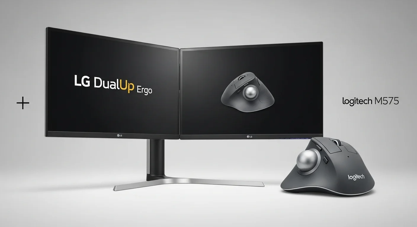 Comparativa de productos Ergo, mostrando el monitor LG DualUp Ergo junto al ratón trackball Logitech Ergo M575.