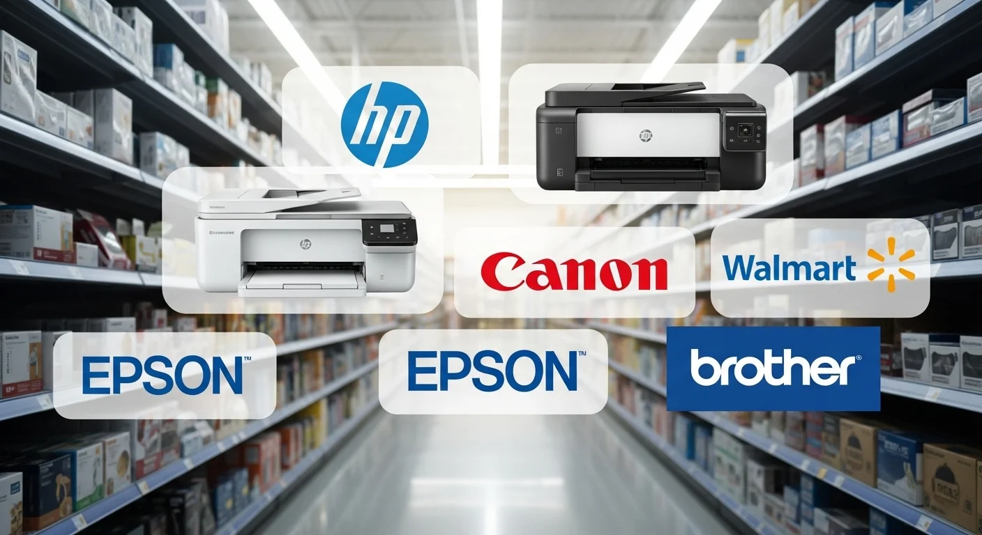 Logos de marcas populares de impresoras como HP, Canon, Epson y Brother sobre un fondo que sugiere un pasillo de tienda Walmart, representando la variedad de opciones.