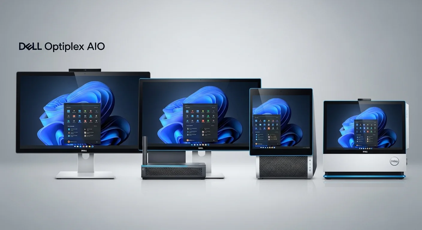 Una imagen comparativa mostrando lado a lado diferentes modelos de computadoras Dell Optiplex AIO, destacando la evolución del diseño.