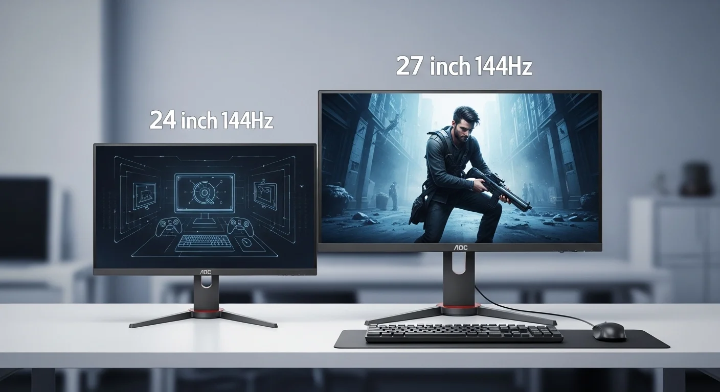 Comparativa lado a lado de un monitor aoc 24 144hz y un aoc 27 144hz, mostrando la diferencia de tamaño y su impacto en la productividad y el gaming.