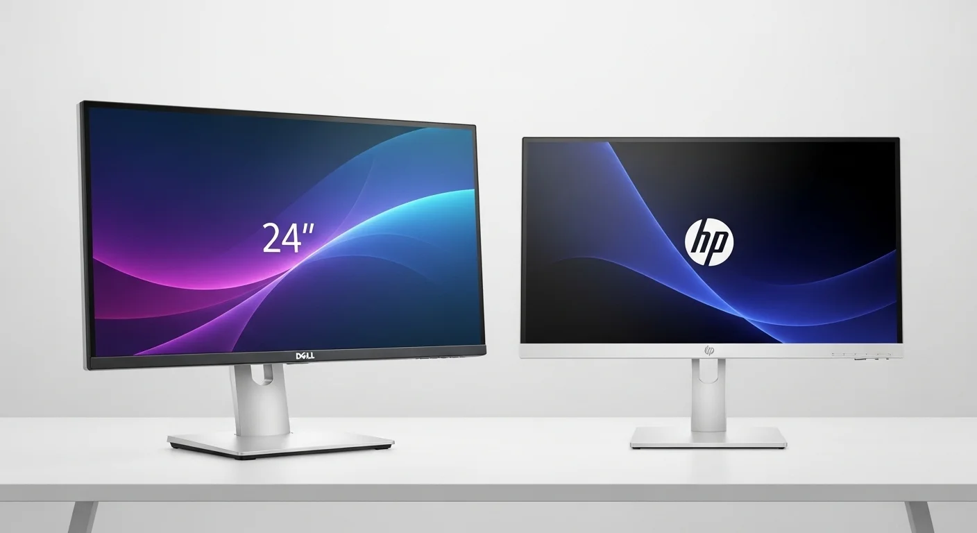 Comparativa lado a lado de un monitor Dell 24 pulgadas y un monitor HP 24 pulgadas sobre un escritorio, destacando sus diferencias de diseño.