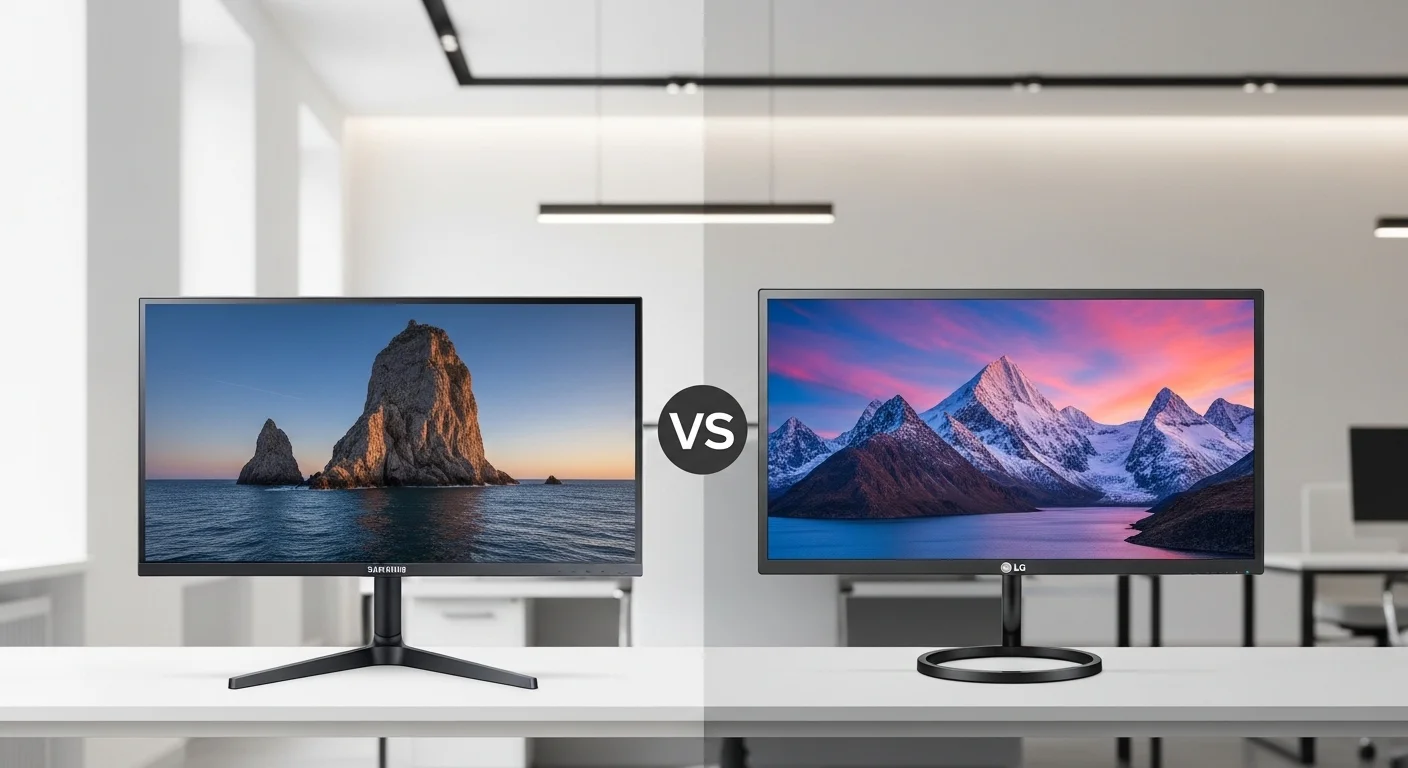 Una comparativa lado a lado de un monitor Samsung 32 y un monitor LG 32, destacando sus diferencias de diseño y calidad de imagen en un entorno de oficina.
