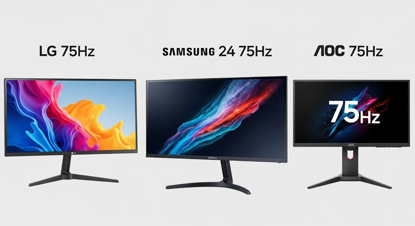 Una comparativa lado a lado de un monitor LG 75Hz, un monitor Samsung 24 75Hz y un monitor AOC 75Hz, mostrando sus diferencias de diseño y calidad de imagen.
