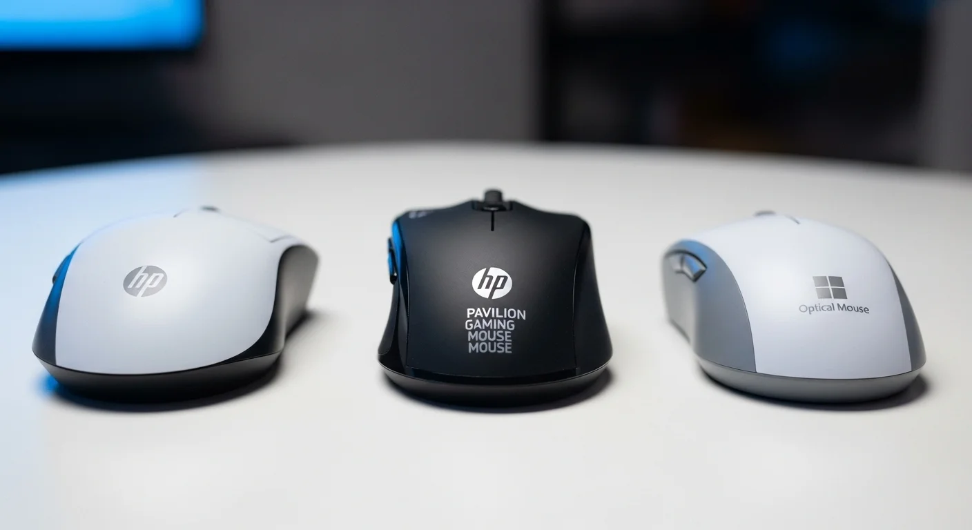 Una imagen comparativa que muestra lado a lado el wireless mouse 200 hp, el hp pavilion gaming mouse 200 y el microsoft optical mouse 200.