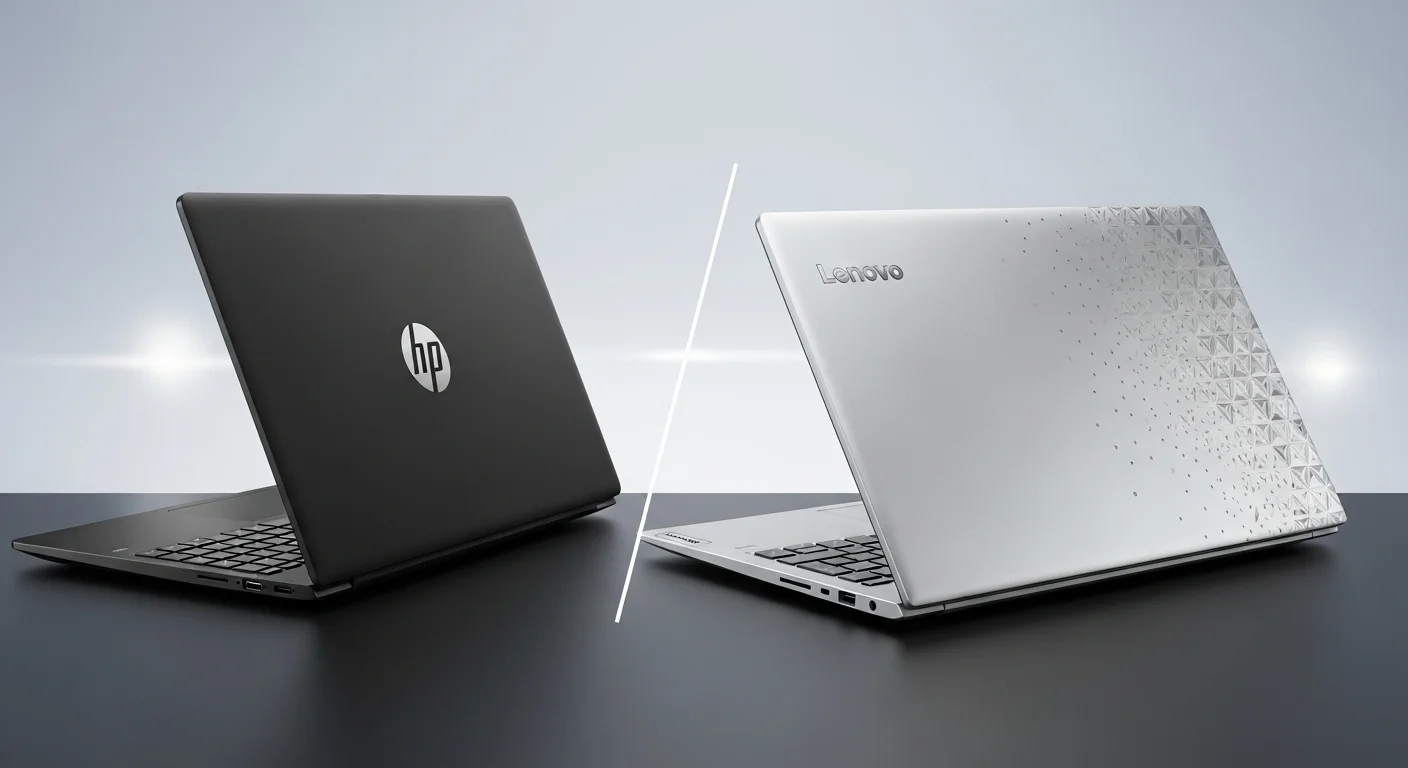 Dos laptops, una HP y una Lenovo, mostradas una al lado de la otra para comparar su diseño y precio notebook