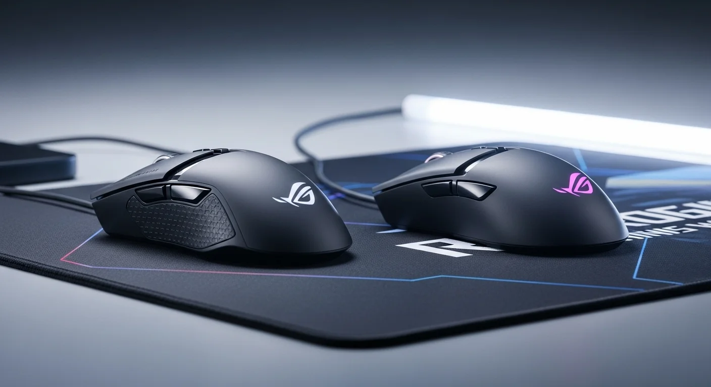 Comparativa lado a lado de los ratones Asus ROG Gladius III Wireless y Asus ROG Keris Wireless sobre una alfombrilla gaming.