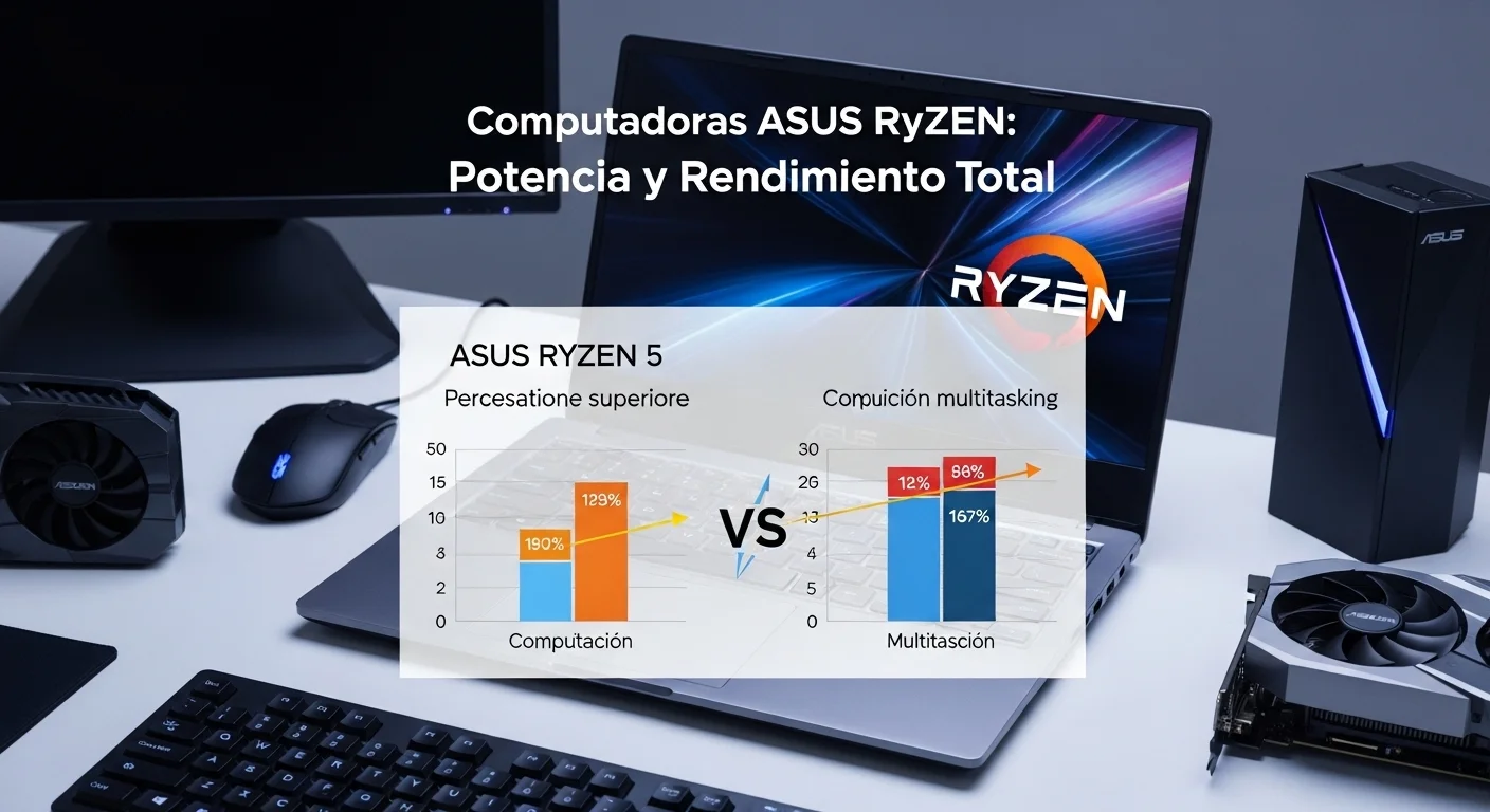 Gráfico comparativo de rendimiento entre procesadores Asus Ryzen 5 y Asus Ryzen 7, destacando la potencia en computadoras.