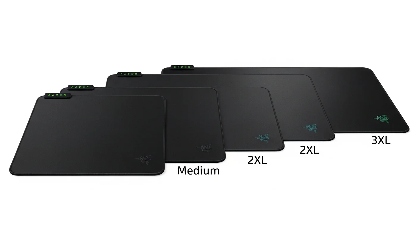 Comparativa visual de los diferentes tamaños de la alfombrilla Razer Gigantus V2, desde Medium hasta 3XL, sobre un fondo blanco.