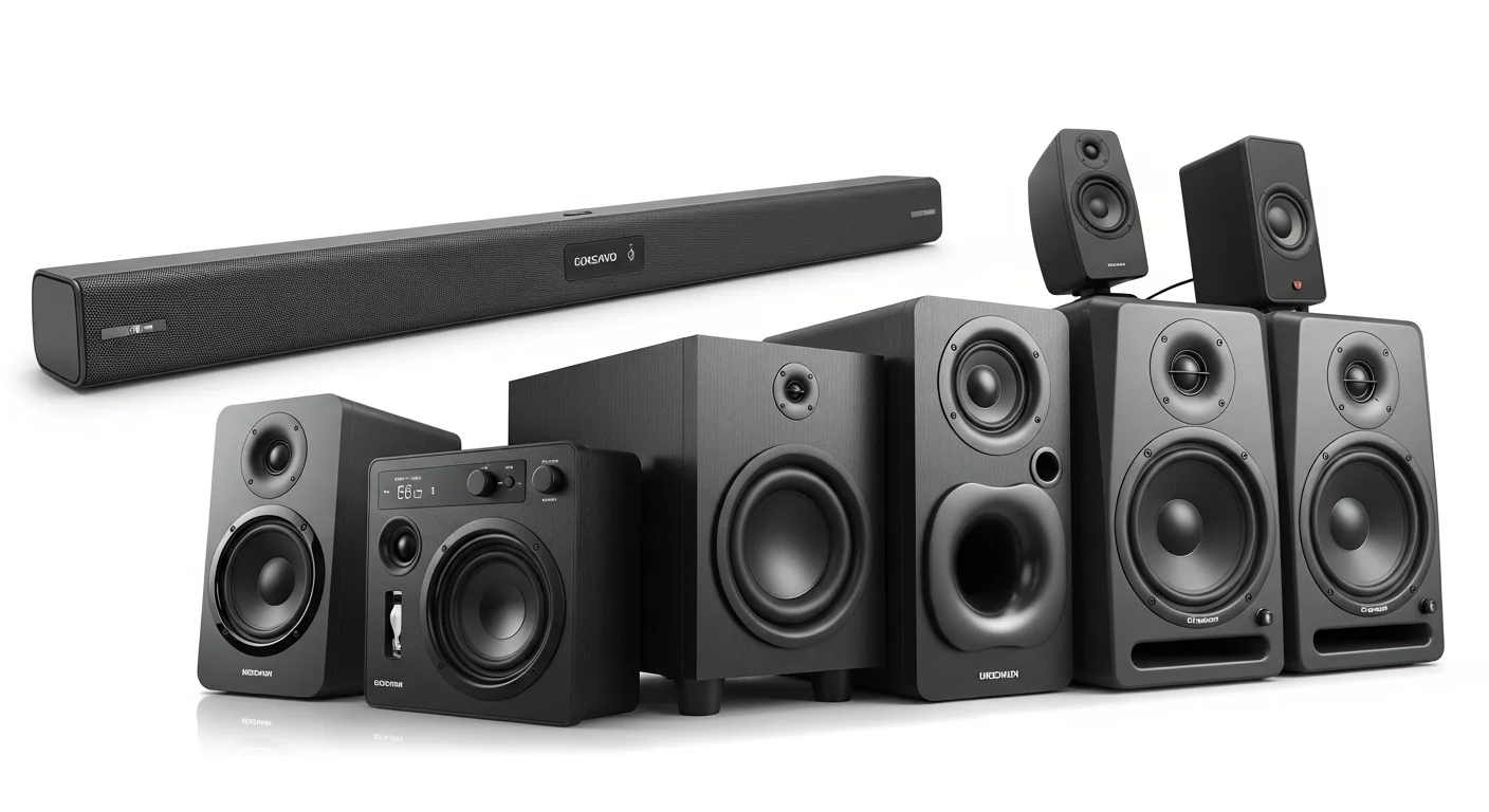 Varios tipos de altavoces para monitor, incluyendo una barra de sonido, un sistema 2.1 y monitores de estudio.