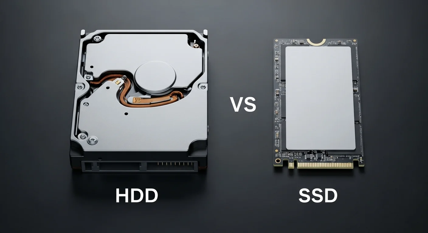 Comparativa visual entre un disco duro HDD tradicional y una unidad de estado sólido SSD, mostrando sus diferencias de diseño.