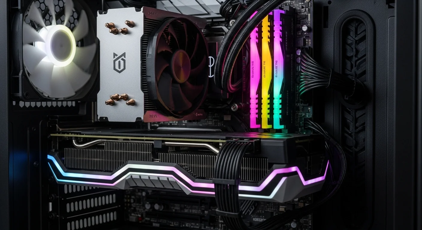Vista detallada de los componentes internos de una computadora de escritorio de alto rendimiento, mostrando la tarjeta gráfica, la CPU con refrigeración y la memoria RAM.