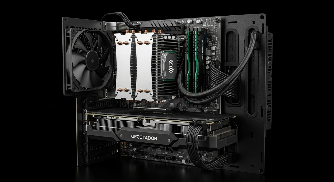 Vista detallada de los componentes internos de una computadora, incluyendo CPU, RAM y tarjeta gráfica