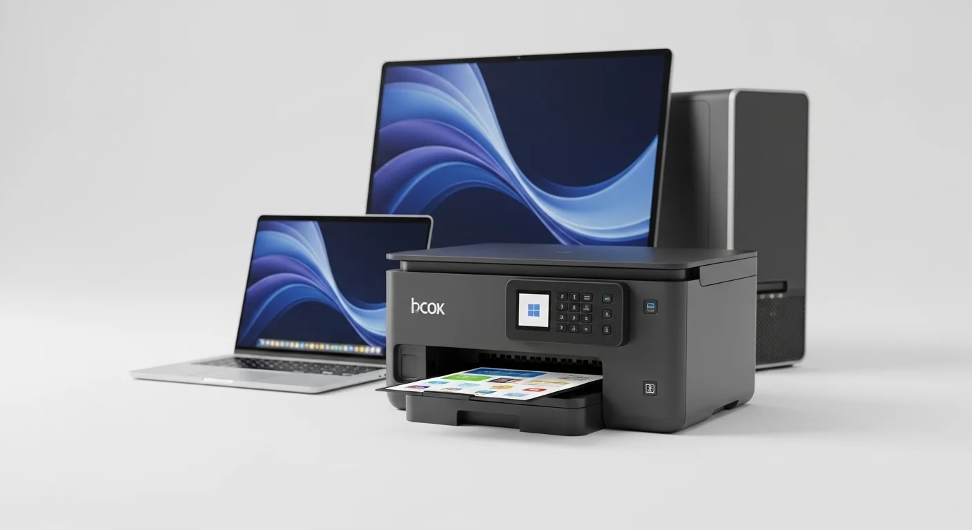 Una guía sobre cómo comprar la impresora correcta, mostrando una impresora multifunción moderna junto a una laptop y una computadora de escritorio.