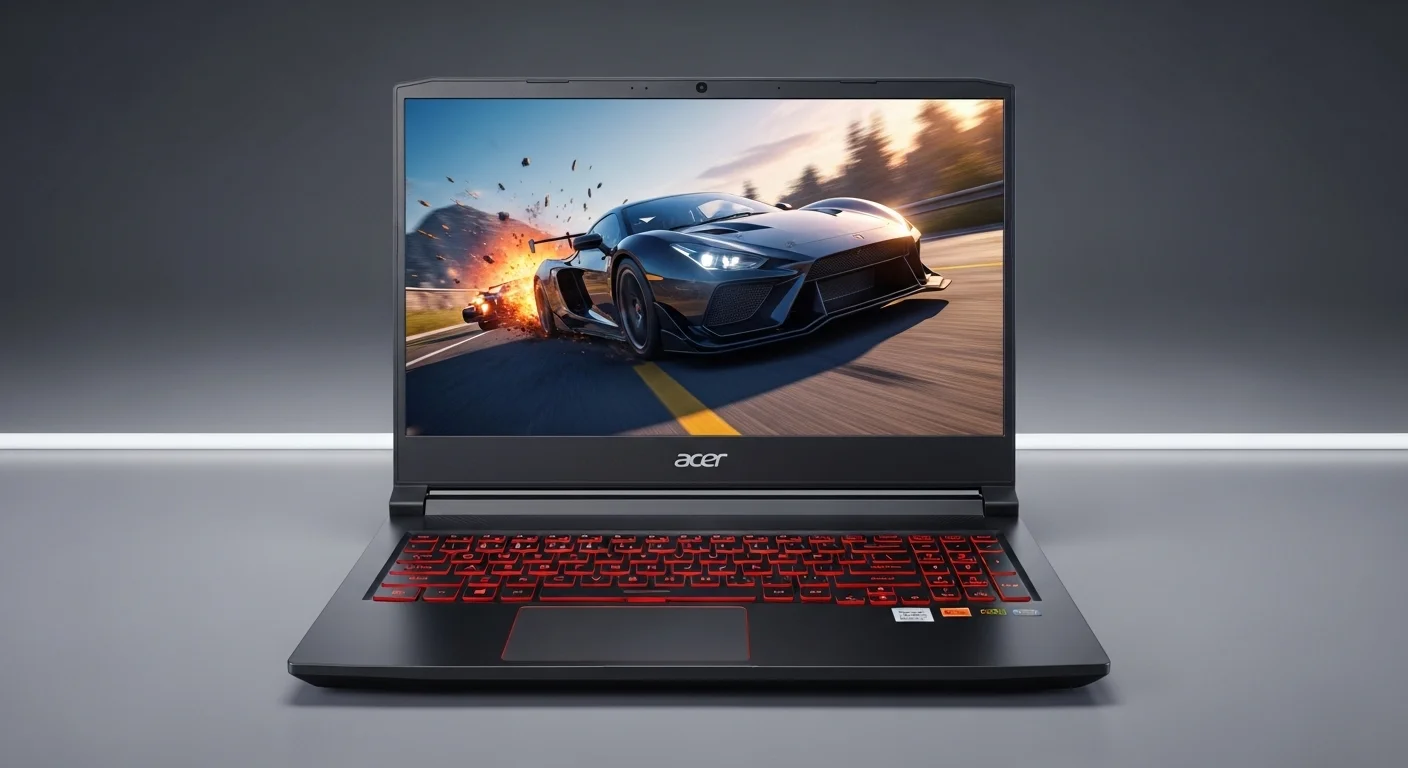 Computadora portátil gamer Acer Nitro 5 con el teclado retroiluminado en color rojo, mostrando su pantalla con una imagen de juego vibrante.