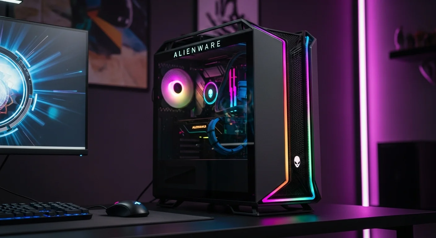 Una computadora Alienware Aurora R16 en un escritorio de gaming iluminado con luces RGB, mostrando su potencia y diseño.
