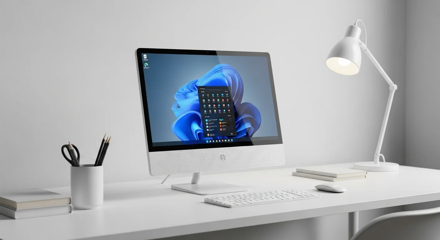 Una moderna computadora All in One i3 de color blanco en un escritorio minimalista, mostrando su diseño elegante y compacto.