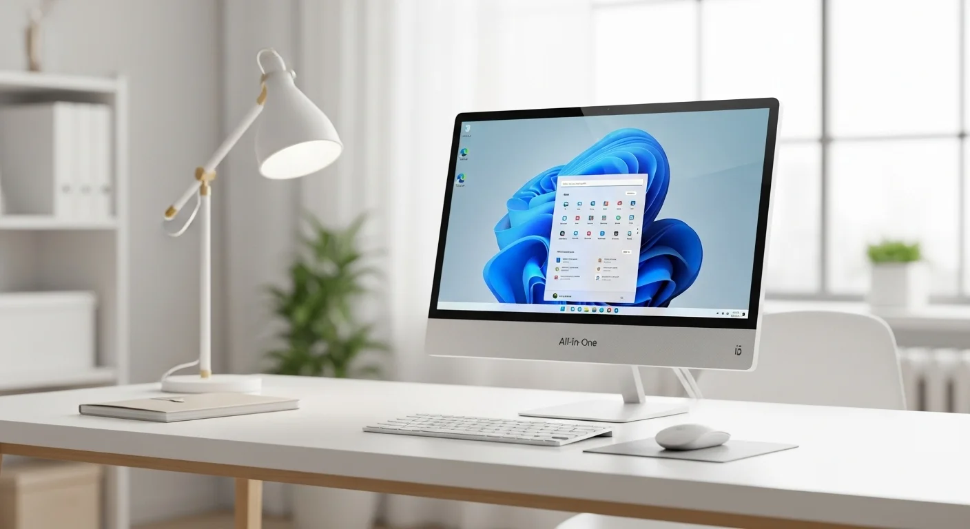 Una computadora All in One i5 de diseño moderno en un escritorio limpio y profesional, mostrando su pantalla brillante y su estética minimalista.