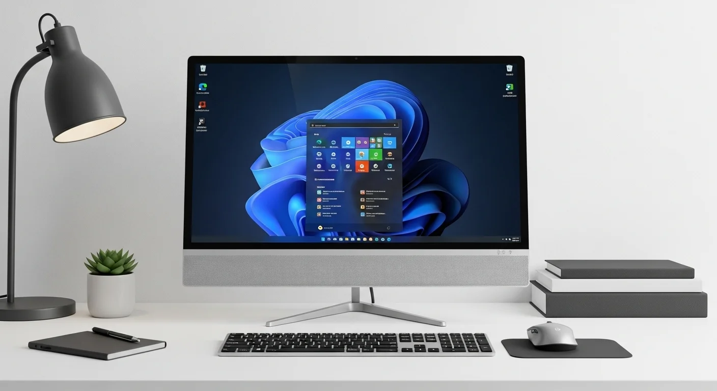 Una computadora all in one i7 de diseño moderno sobre un escritorio de trabajo profesional con accesorios.