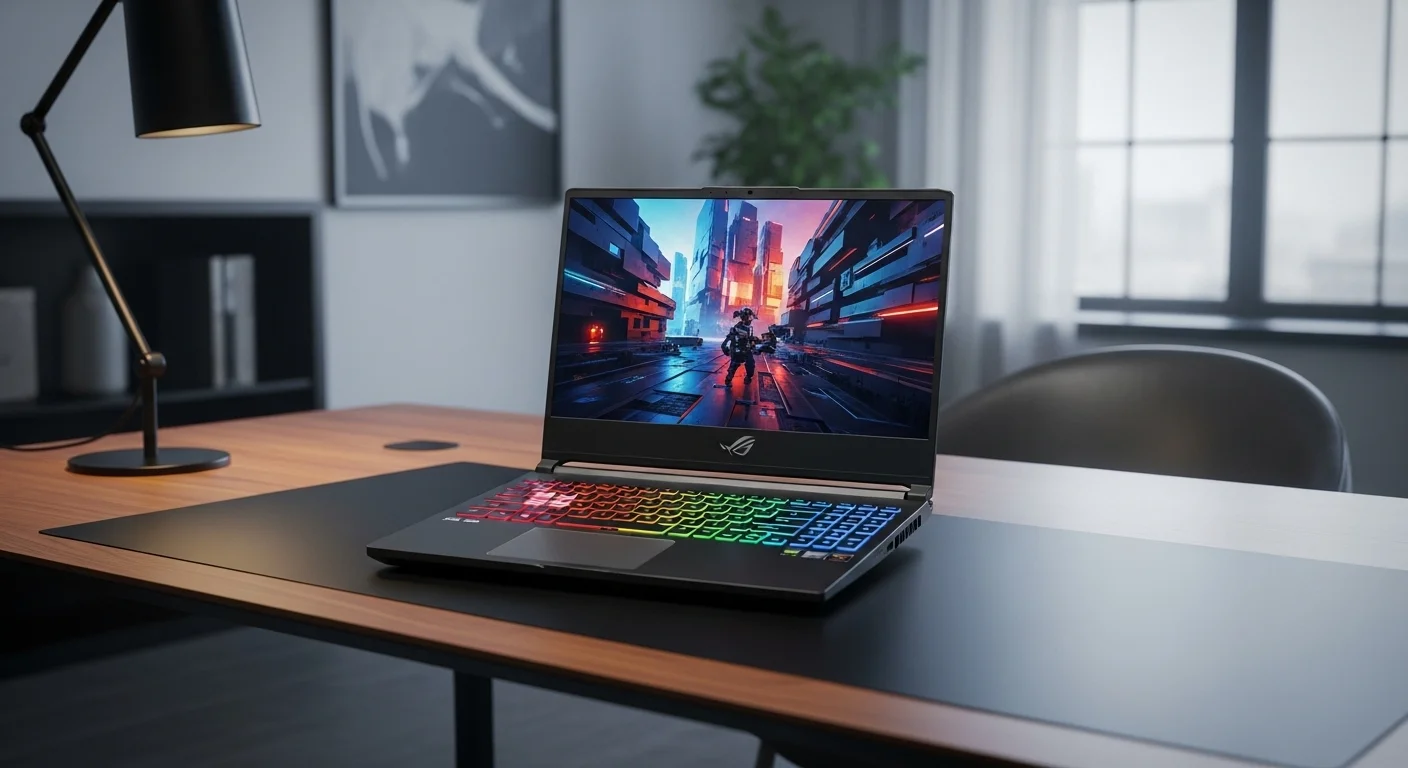 Una computadora Asus ROG Strix con teclado retroiluminado RGB, representando el poder de un computador Asus gamer de última generación.