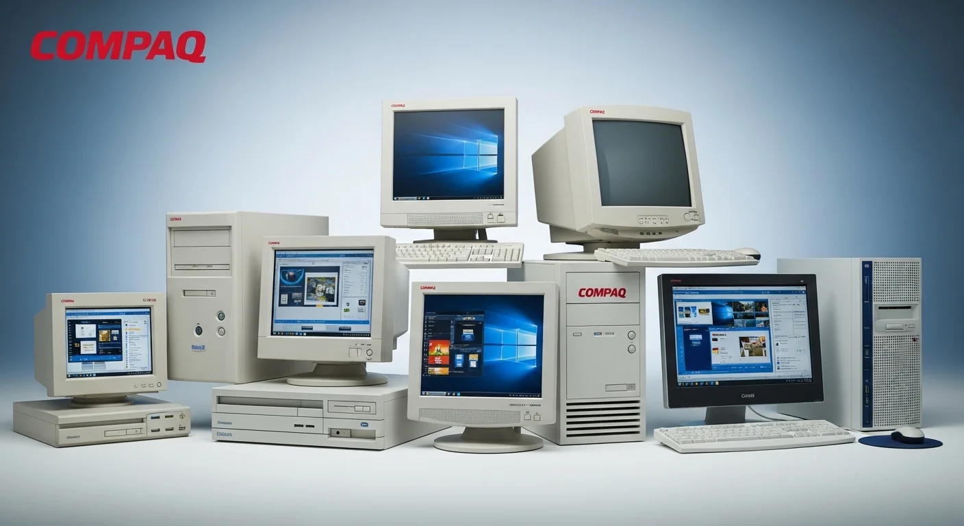 Una composición de varias computadoras Compaq icónicas, mostrando la evolución de la marca desde sus inicios hasta modelos más recientes.