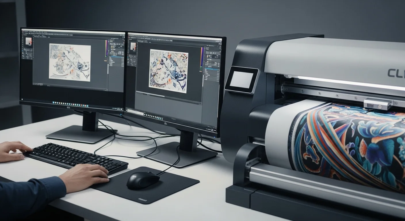 Una potente computadora de escritorio con dos monitores mostrando un software de diseño conectado a una impresora textil directa de gran formato en un entorno profesional.