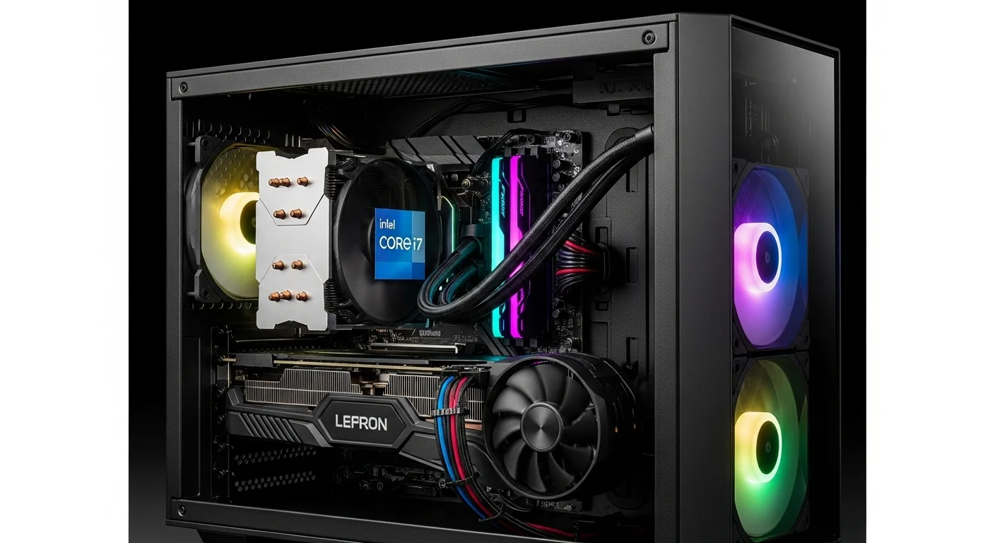 Imagen de una computadora de alto rendimiento con un procesador Intel Core i7, mostrando iluminación RGB y componentes de alta gama.
